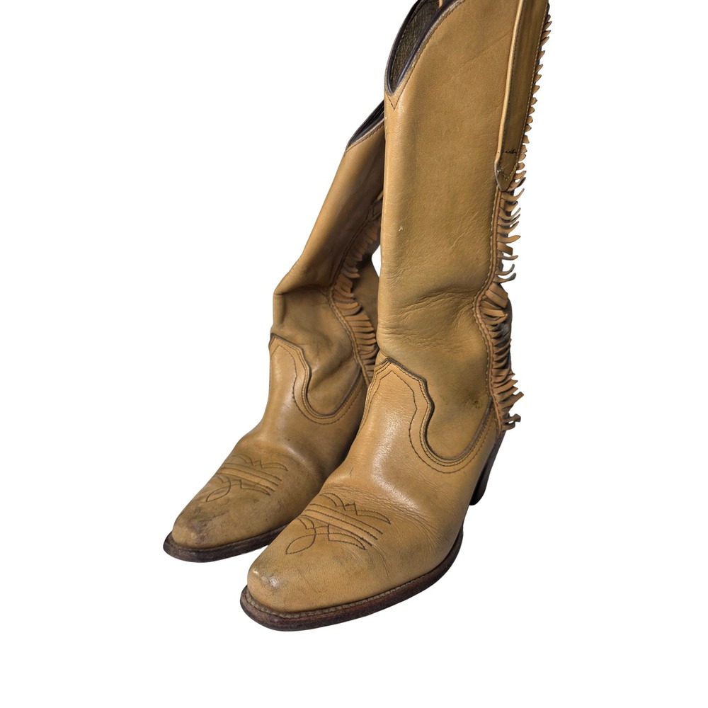 Frye Vintage Tan Leather Fringe Western Cowboy Boots Stacked Heel Women Size 6.5